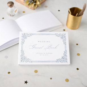 Dusty Blue Vintage Frame Elegant Script Wedding Guest Book