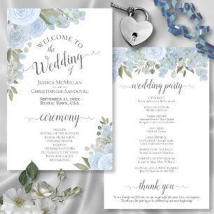 Dusty Blue Watercolor Roses Budget Wedding Program