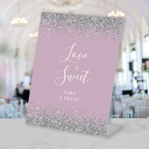 Dusty Lilac Silver Glitter Wedding Love Is Sweet Pedestal Sign