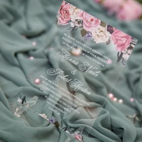 Elegant Pink Flower Clear Acrylic Wedding Invitations With White Printing Swal109