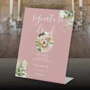 Dusty Rose Greenery Wedding Pet Signature Drink Pedestal Sign