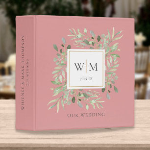 Dusty Rose Monogram Greenery Wedding Photo Album 3 Ring Binder