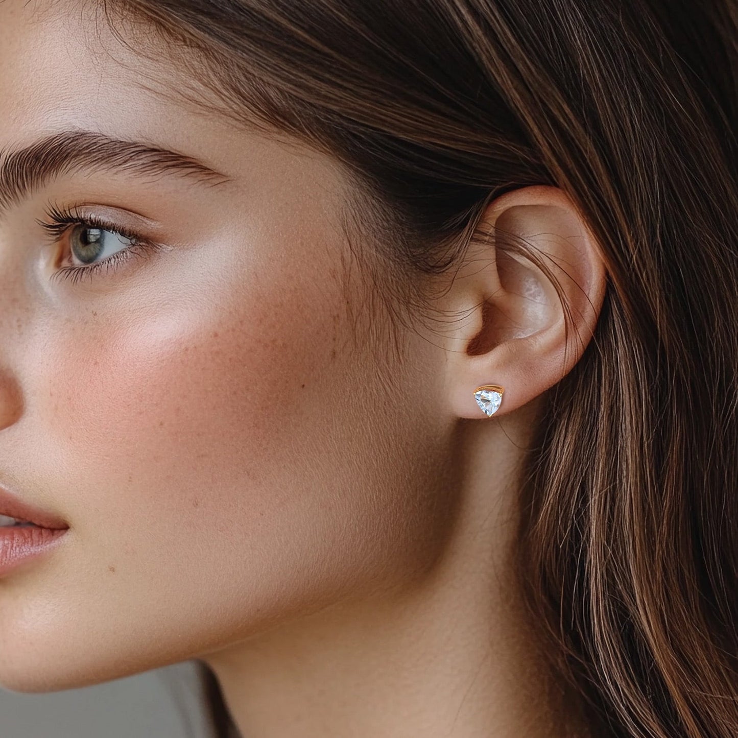 Handmade 14K White Gold AA 6mm Trillion Cut Aquamarine Solitaire Stud Earrings Post Back Basket-Set 1.20 Carat