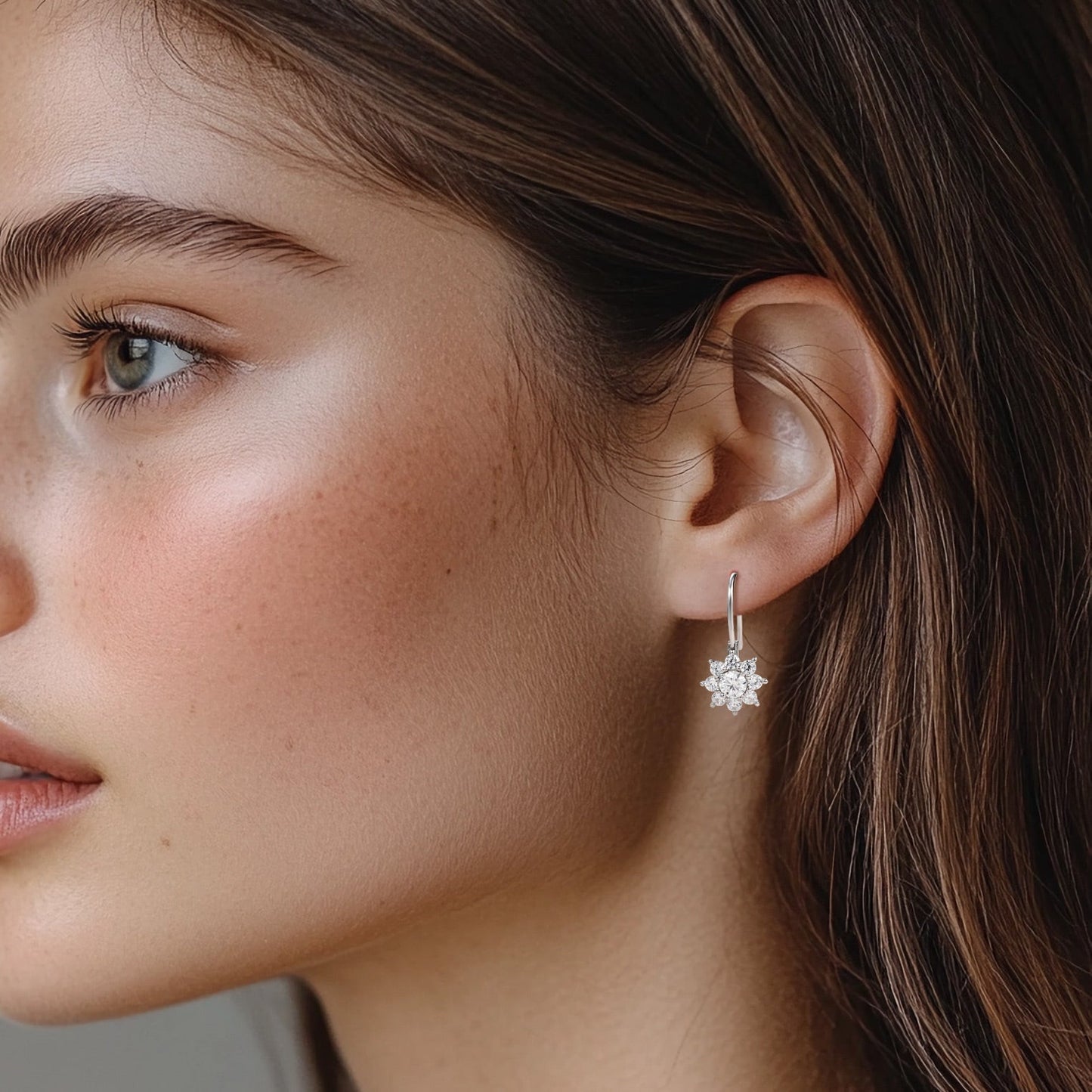 Hook Dangle Earrings Halo Moissanite Flower Earrings For Women Cluster Sunflower Round Moissanite Drop Earrings For Her