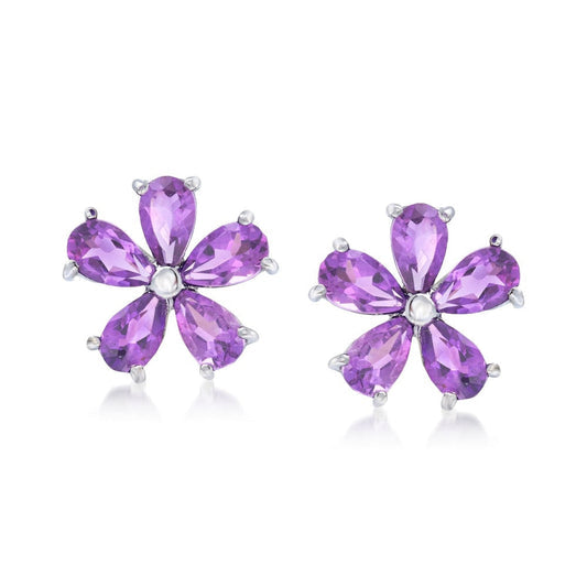 2ct Amethyst Flower Earrings in 5 Petal Floral Style Sterling Studs with Posts in Sterling Silver February Birthday Gift