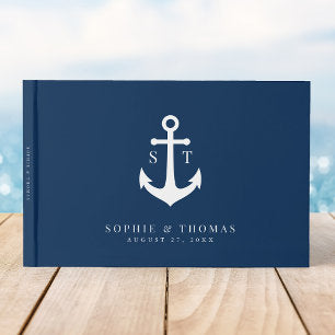 Editable Background Color Monogram Anchor Wedding Guest Book