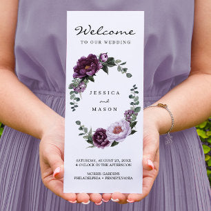 Editable Plum Peonies Trifold Wedding Program Flyer