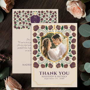 Eggplant Sword & Shield Medieval Fantasy Wedding Thank You Card
