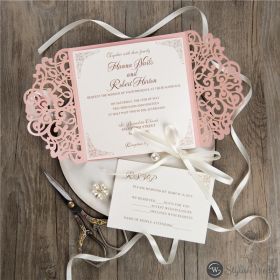 Elegant Blush Pink Laser Cut Wedding Invitations With White Ribbon Swws121
