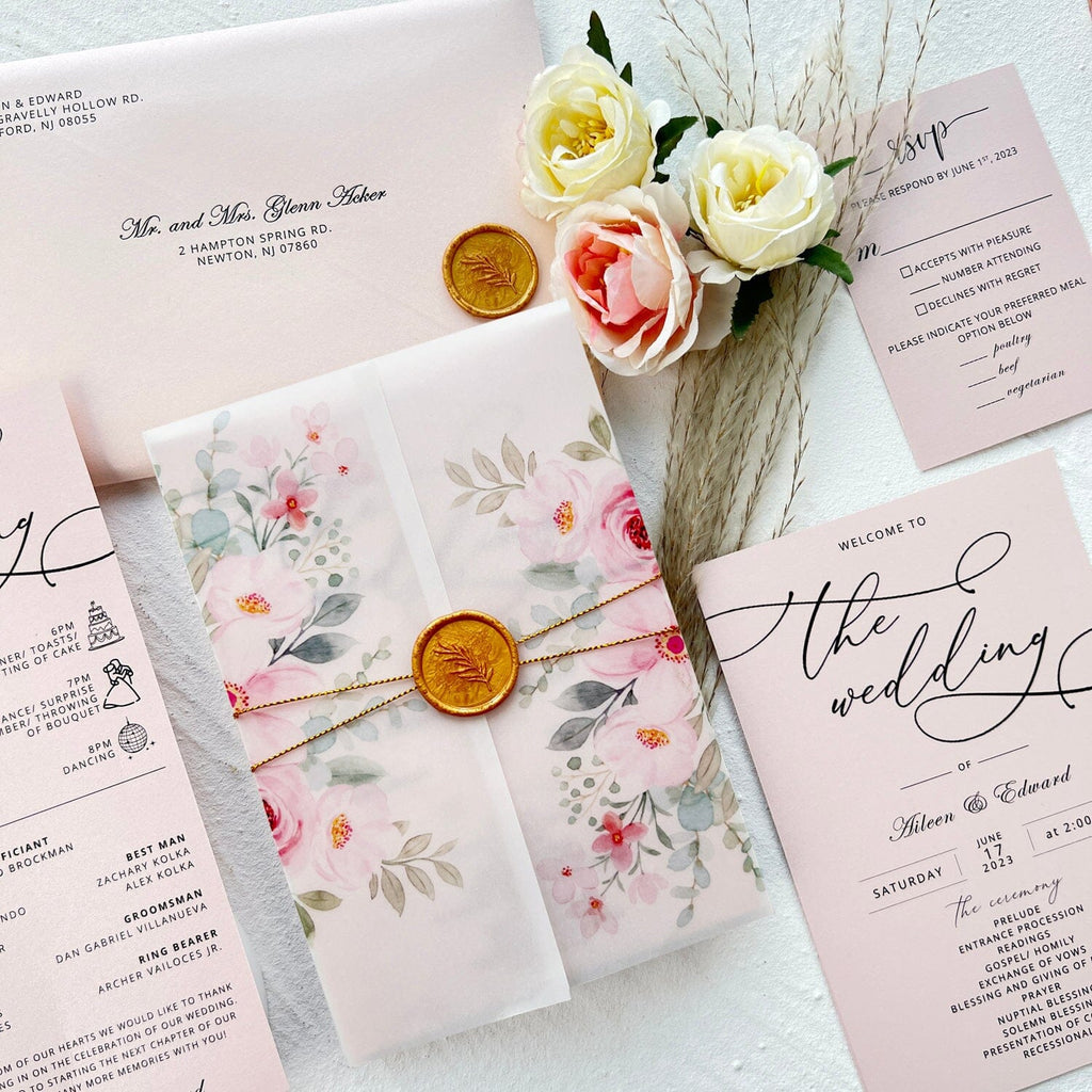Elegant Blush Pink Wedding Invitation Suite, Wedding Ceremony Program with RSVP, Semi-Transparent