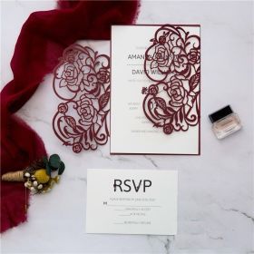 Elegant Burgundy Flower Laser Cut Wedding Invitations Swws131