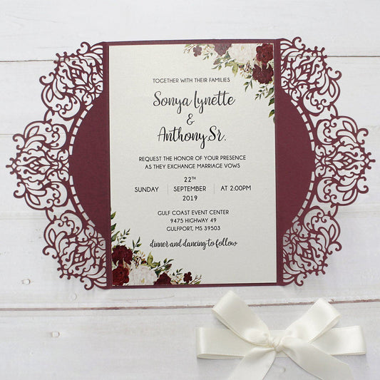 Elegant Burgundy Lace Wedding Invitation, Bridal Shower Invitation