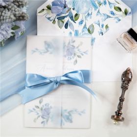 Elegant Calligraphy Wedding Invitations With Vellum Paper Jacket And French Blue Silk Ribbon Swpi094