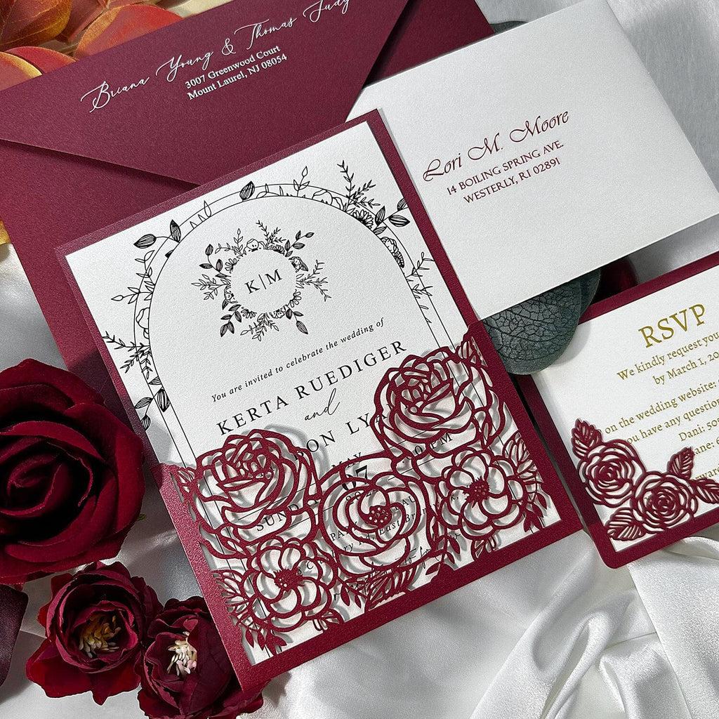 Elegant Floral Pocket Wedding Invitations, Romantic Burgundy Rose Wedding Invitation with RSVP Card, Envelope Addressing & Printing Service
