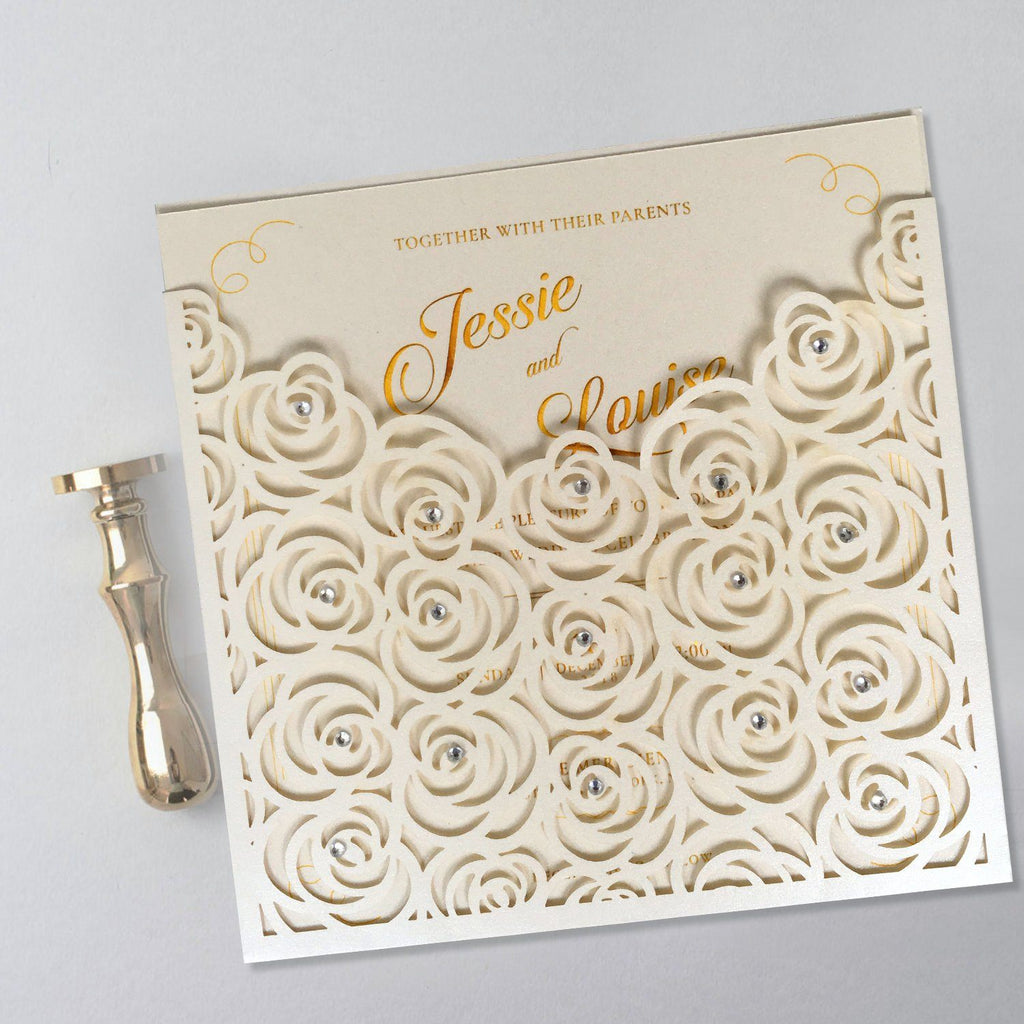 Elegant Floral Pocket Wedding Invite Cards for Rose Wedding Theme