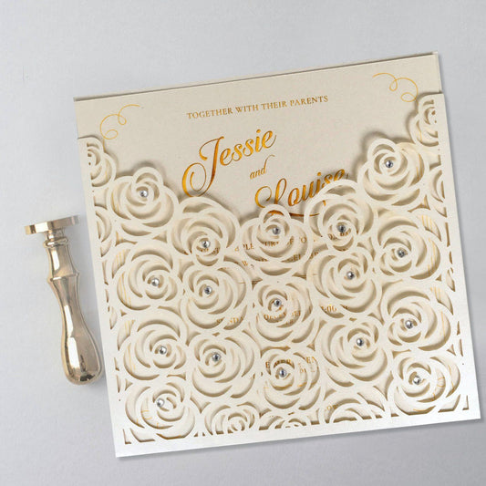 Elegant Floral Pocket Wedding Invite Cards for Rose Wedding Theme