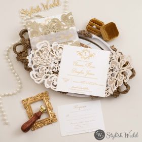 Elegant Glitter Champagne Laser Cut Monogram Wedding Invitation Swws388