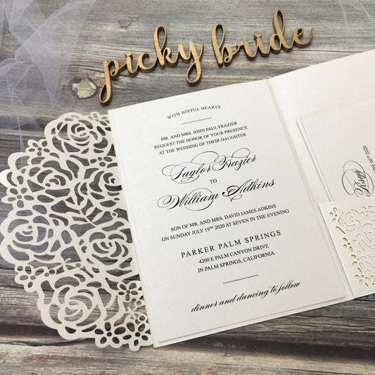 Elegant Ivory Wedding Cards Rose Laser Cut Invitations with RSVP Cards
