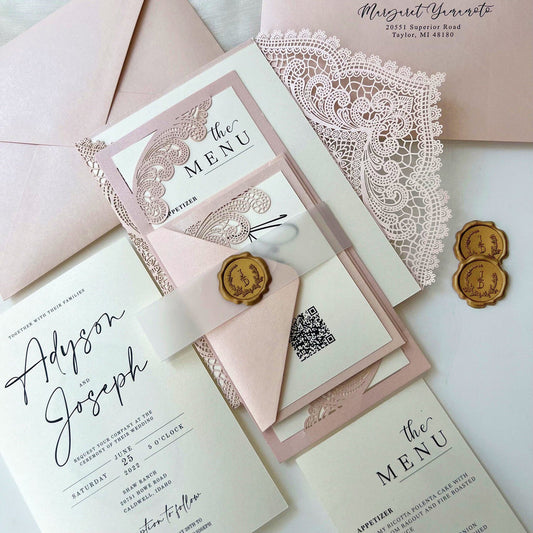 Elegant Lace Wedding Invitation Set with Wax Seal Belly Band, Pale Pink Lace Wraps