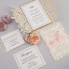 Elegant Laser Cut Wedding Invitation With Glitter Gold Paper Swws041