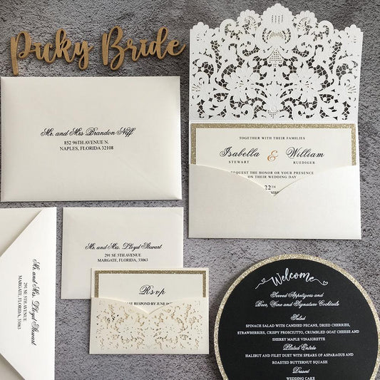 Elegant Pocket Wedding Invitations Suite Laser Cut Lace Wedding Invitation with RSVP Cards