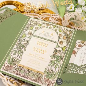 Elegant Sage Green & Gold Art Nouveau Lace Laser Cut Wedding Invitation Swws390