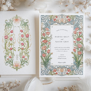Elegant Art Nouveau Red Tulips Wedding Invitation