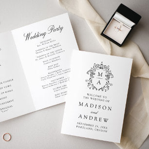 Elegant Black Chinoiserie Monogram Crest Wedding Program