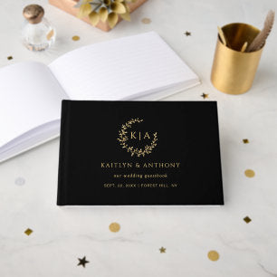 Elegant Black & Gold Monogram Wreath Wedding Guest Book