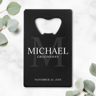Elegant Black Personalized Groomsmen Credit Card Bottle Opener
