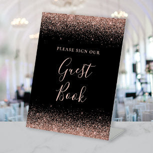 Elegant Black Rose Gold Glitter Wedding Guest Book Pedestal Sign