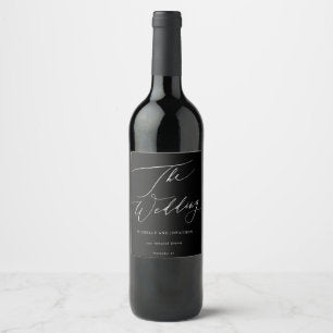 Elegant Black & White Modern Calligraphy Wedding Wine Label