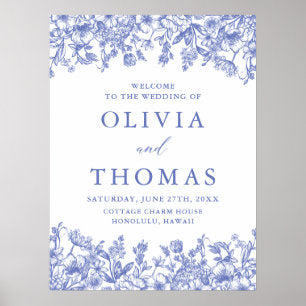 Elegant Blue Vintage Floral Wildflower Wedding Poster