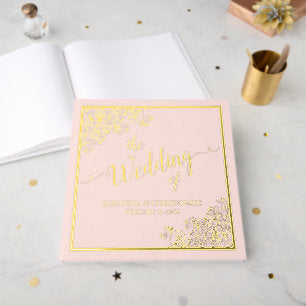 Elegant Calligraphy Blush Pink & Gold Foil Wedding Foil Guest Book