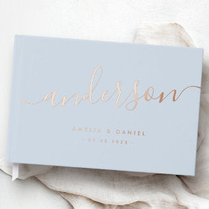 Elegant calligraphy light dusty blue wedding real foil guest book