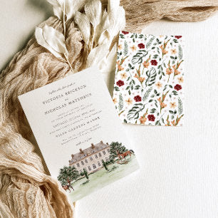 Elegant Chateau Watercolor English Manor Wedding Invitation