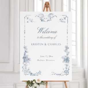 Elegant Dusty Blue French Floral Welcome Poster
