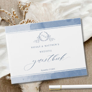 Elegant Dusty Blue Watercolor Monogram Wedding Guest Book