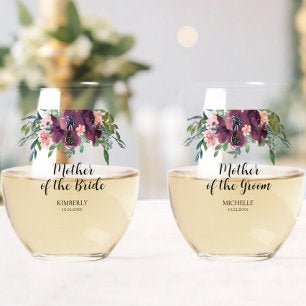 Elegant Floral Mother of the Bride Groom Stemless Wine Glass