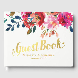 Elegant Floral Watercolor Stylish Gold Wedding Guest Book