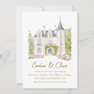 Elegant French Chateau Watercolor Wedding Invitation