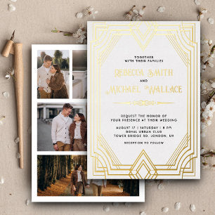 Elegant Geometric Art Deco Wedding White Gold Foil Invitation