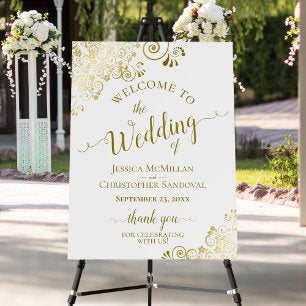 Elegant Gold Frills on White Wedding Welcome Foam Board
