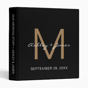 Elegant Gold Monogram Script Black Wedding Planner 3 Ring Binder
