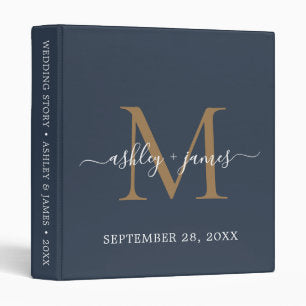 Elegant Gold Monogram Script Dark Blue Wedding 3 Ring Binder