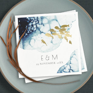 ELEGANT GOLD NAVY UNDERWATER FISH MONOGRAM WEDDING NAPKINS
