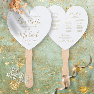 Elegant Gold Script Wedding Program Heart Hand Fan
