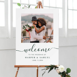 Elegant Green Calligraphy Photo Wedding Welcome Poster