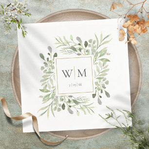 Elegant Greenery Gold Monogram Wedding Napkins