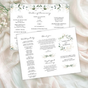 Elegant Greenery Gold Tri+Fold Wedding Program Flyer